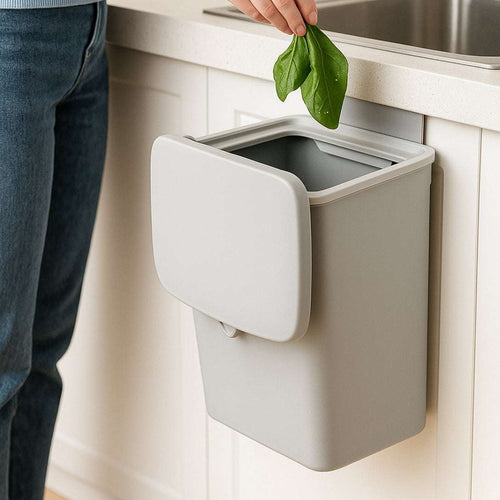Basurero colgante para puerta de cocina gris uso