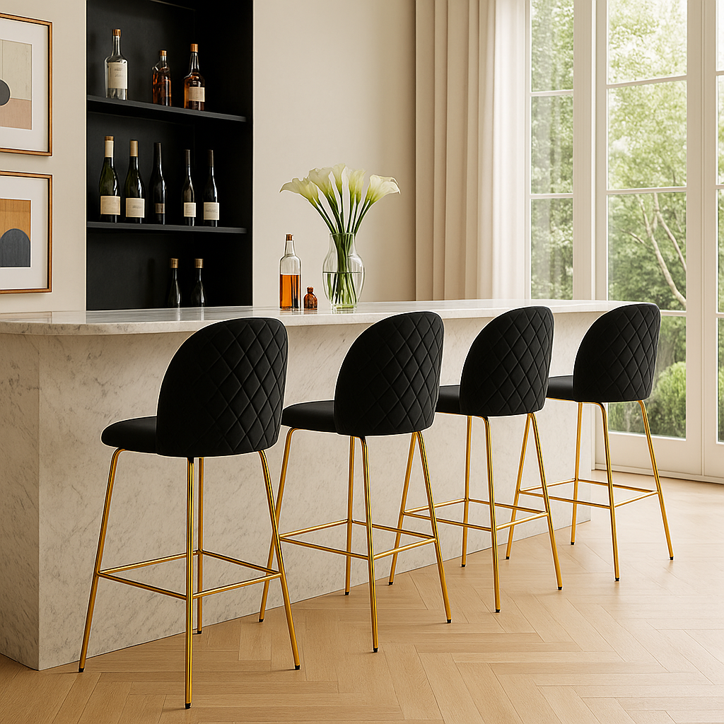 Pack 4 Taburetes Deluxe Gold Negro | patas doradas en metal + felpa