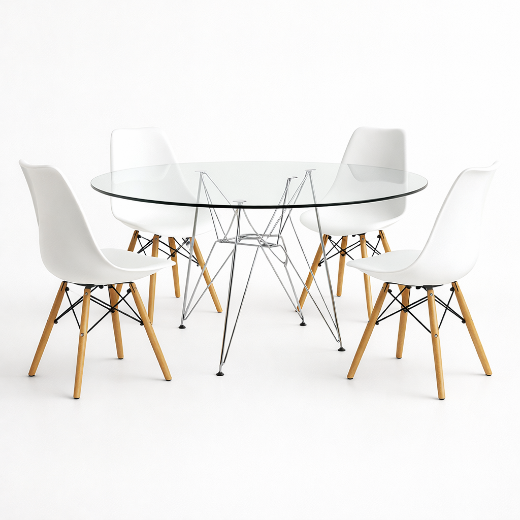 Comedor Eames Redondo Steel de Vidrio 80 cm | 4 Sillas Eames Mid-Century