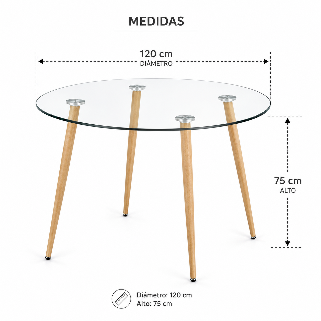 Mesa Lyon de Vidrio Redonda Pata Madera 120 CM