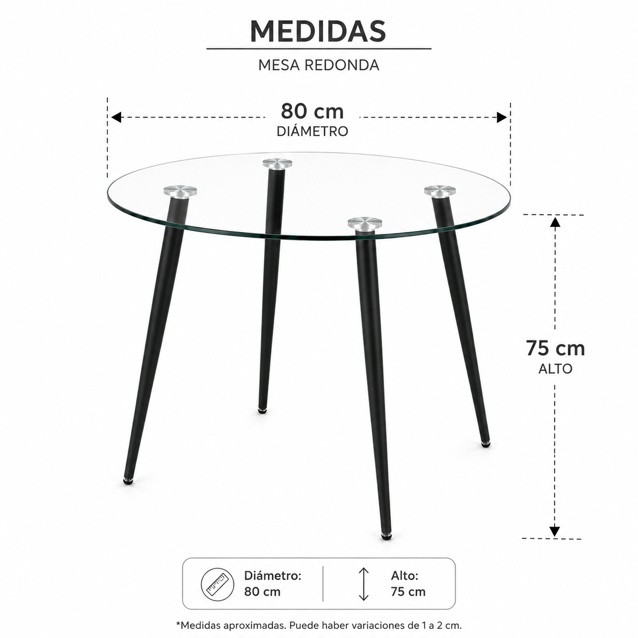 Mesa Lyon de Vidrio Redonda Pata Color Negro 120 CM