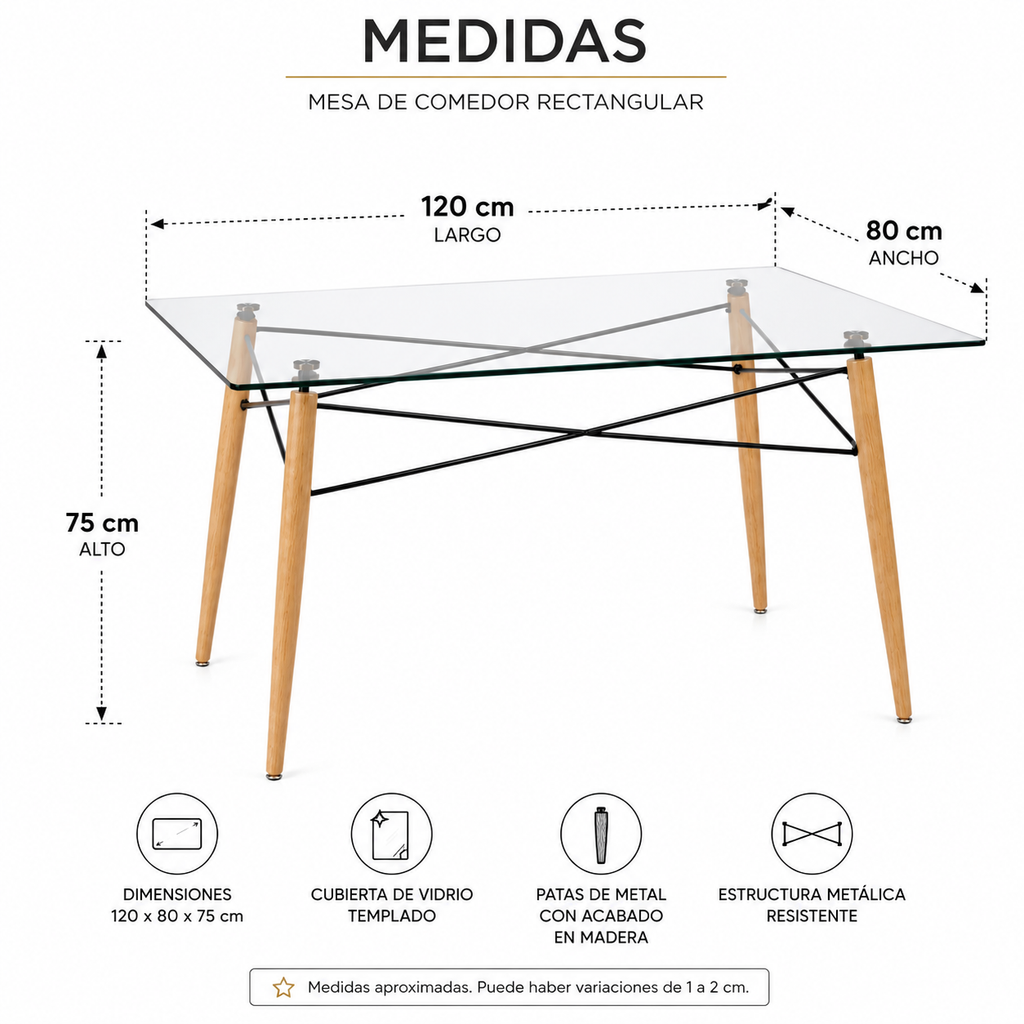 Mesa Eiffel Vidrio Rectangular - 120x80cm / 160x90cm