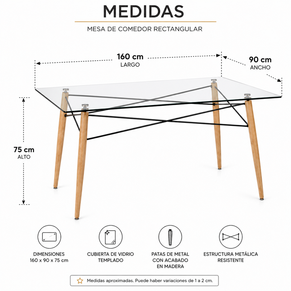 Mesa Eiffel Vidrio Rectangular - 120x80cm / 160x90cm