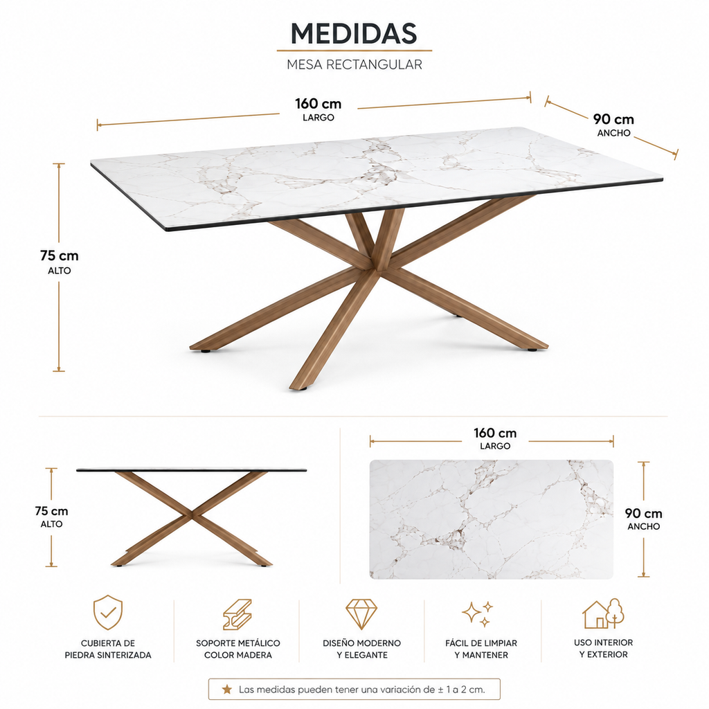 Mesa de Comedor Stone Efecto Piedra – Base Metálica Color Madera