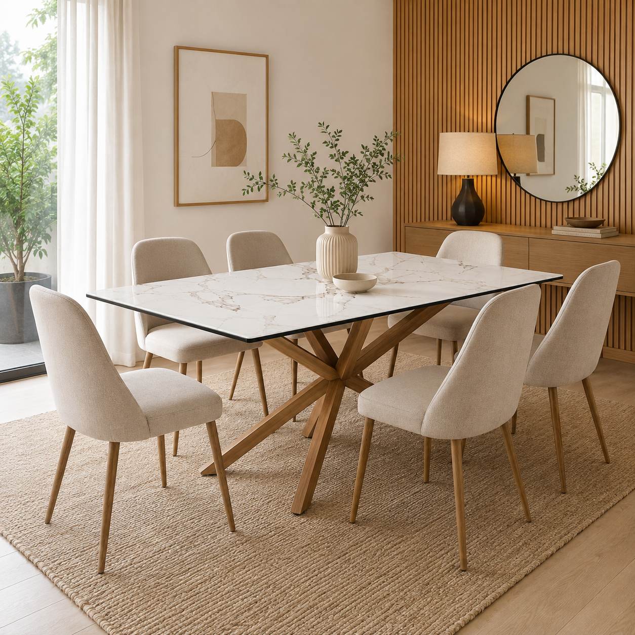 Mesa de Comedor Stone Efecto Piedra – Base Metálica Color Madera
