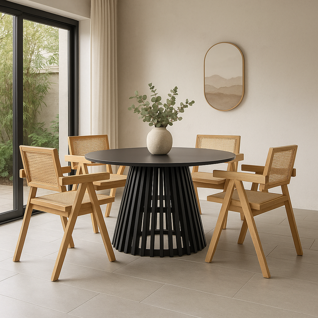Comedor Chandigarh Ébano | Mesa Redonda Negra & Sillas de Madera
