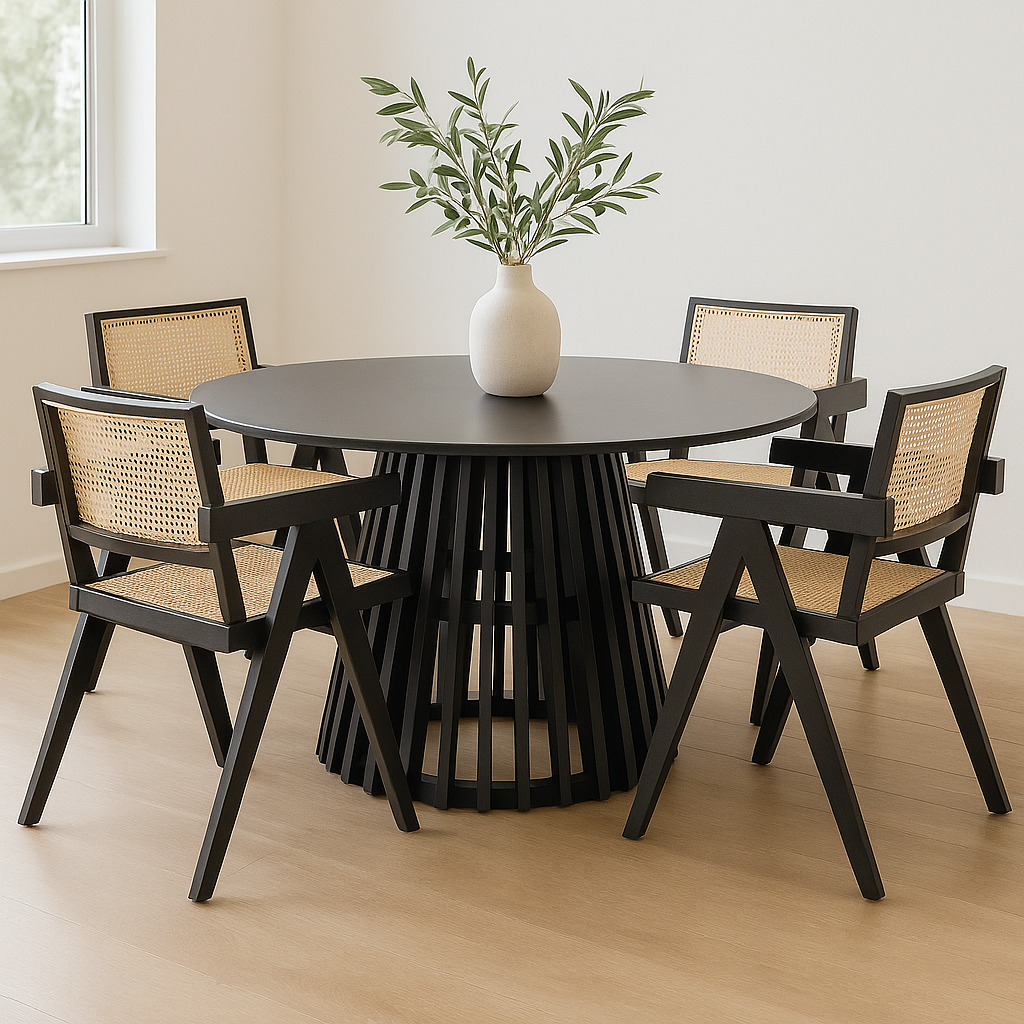 Comedor Chandigarh Ébano | Mesa Redonda Negra & Sillas de Madera Negra