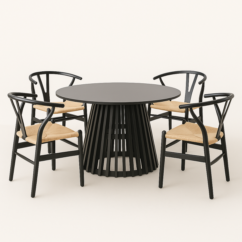 Comedor Wishbone Ébano | Mesa Redonda Negra & Sillas de Diseño Nórdico