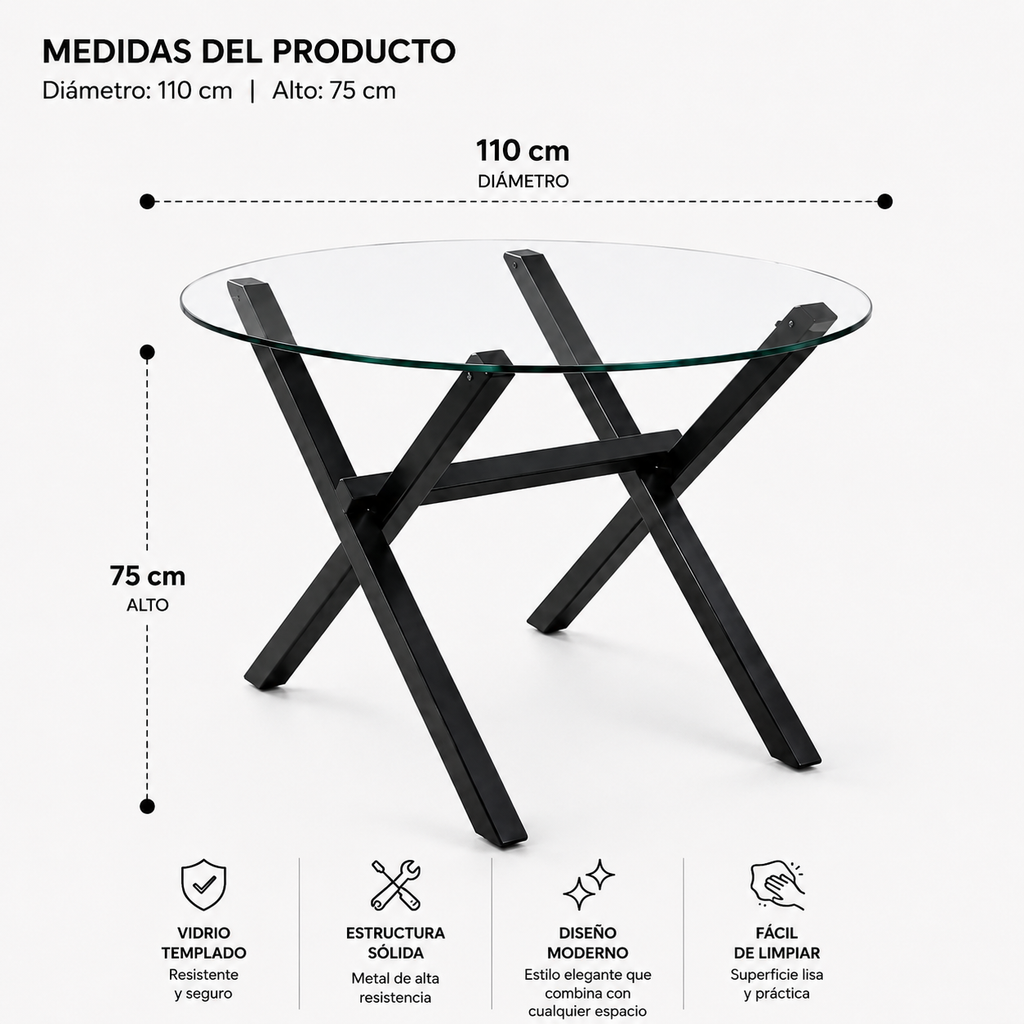 Mesa de Vidrio Cross Redonda | Mesa de Comedor Moderna Patas Color Negro
