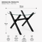 Mesa de Vidrio Cross Redonda | Mesa de Comedor Moderna Patas Color Negro
