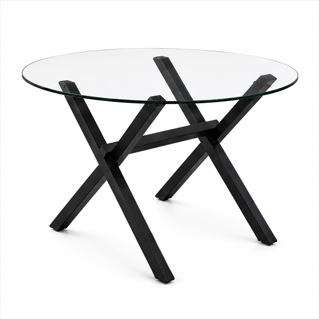 Mesa de Vidrio Cross Redonda | Mesa de Comedor Moderna Patas Color Negro