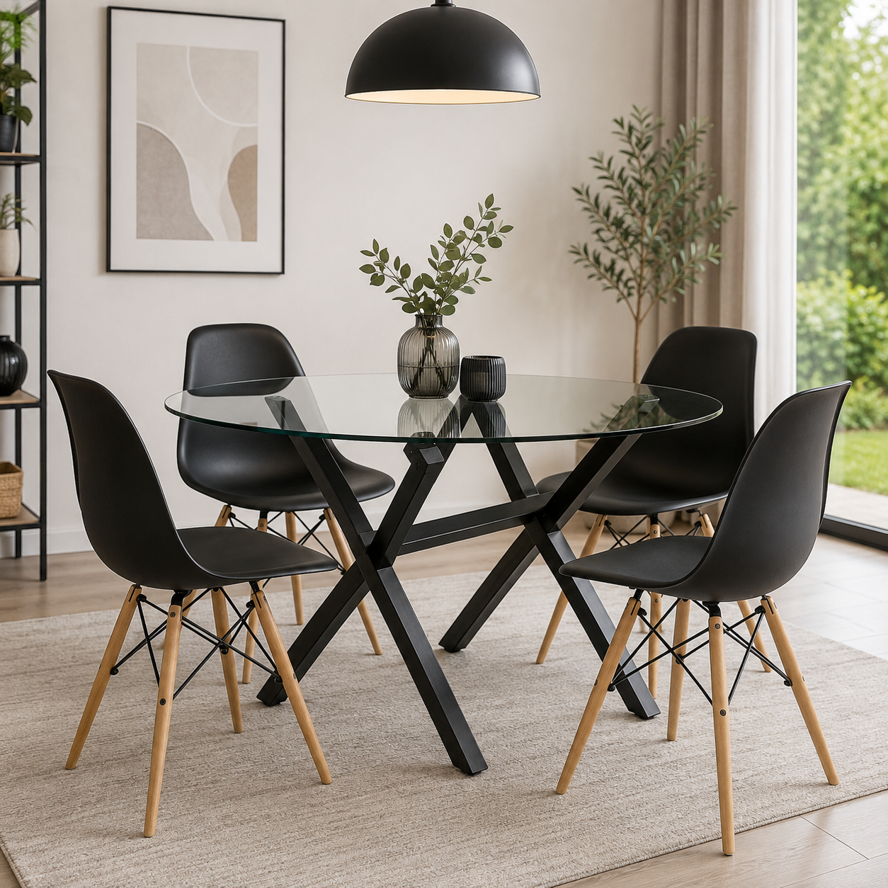 Mesa de Vidrio Cross Redonda | Mesa de Comedor Moderna Patas Color Negro