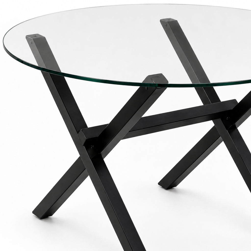 Mesa de Vidrio Cross Redonda | Mesa de Comedor Moderna Patas Color Negro