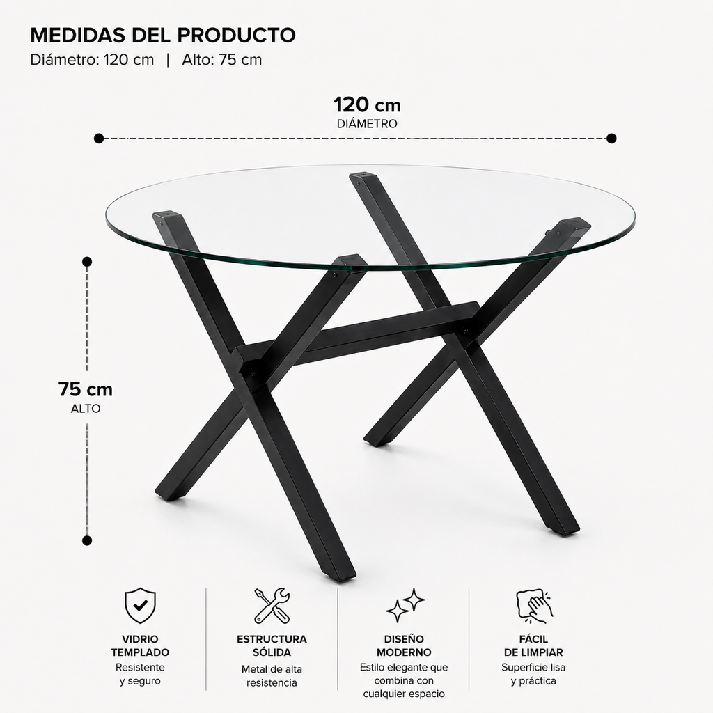 Mesa de Vidrio Cross Redonda | Mesa de Comedor Moderna Patas Color Negro