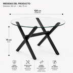 Mesa de Vidrio Cross Redonda | Mesa de Comedor Moderna Patas Color Negro