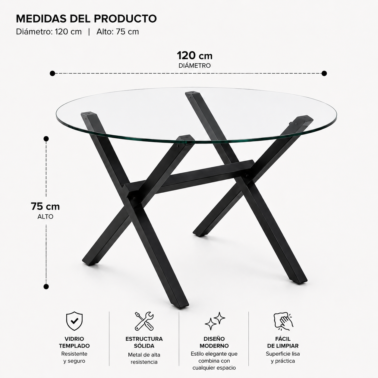 Mesa de Vidrio Cross Redonda | Mesa de Comedor Moderna Patas Color Negro