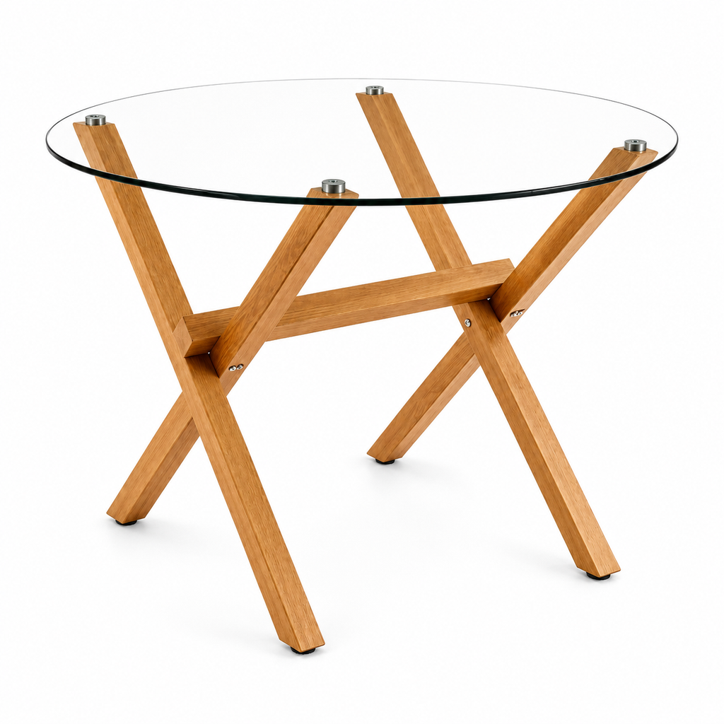 Mesa de Vidrio Cross Redonda | Mesa de Comedor Moderna con Patas Madera