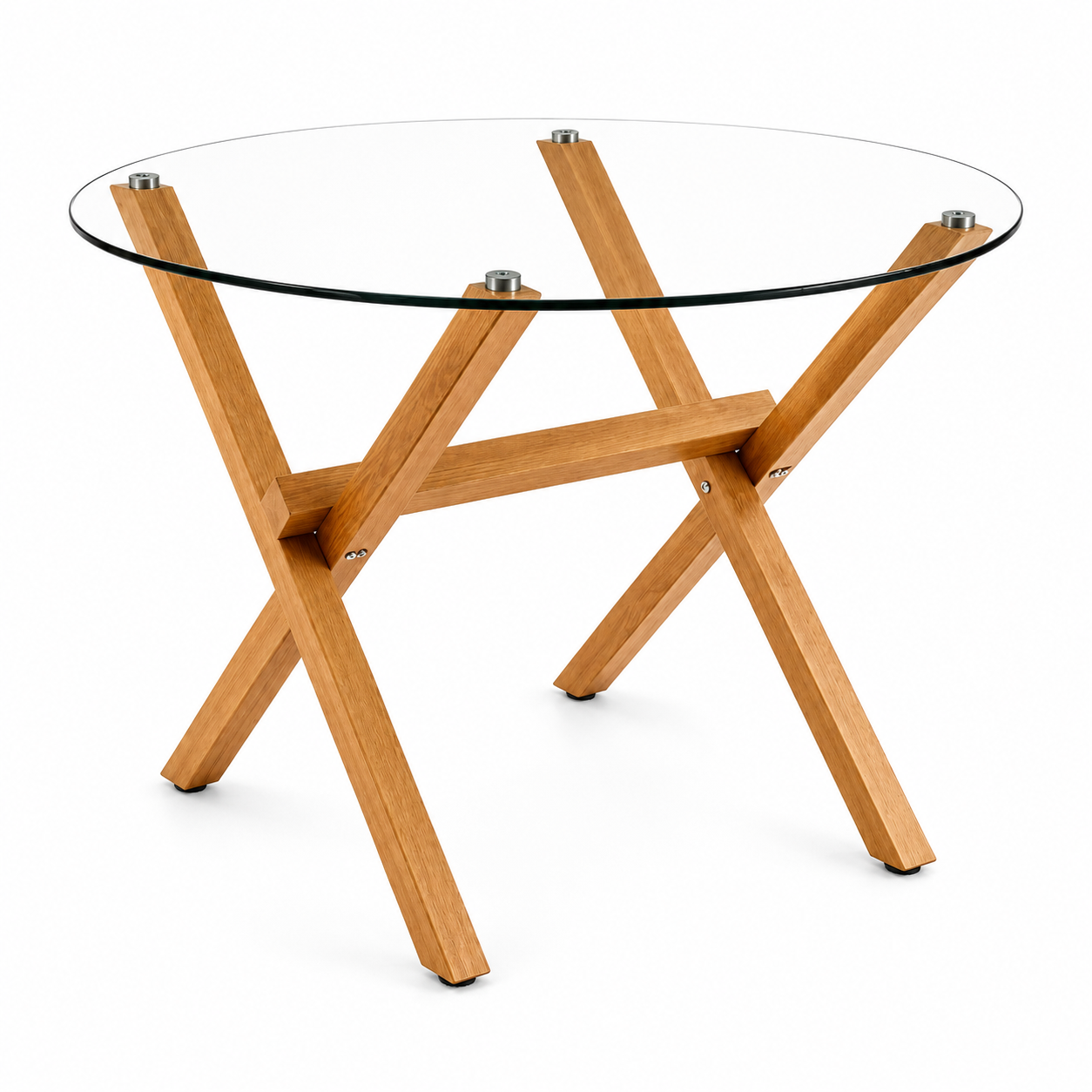 Mesa de Vidrio Cross Redonda | Mesa de Comedor Moderna con Patas Madera