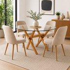 Mesa de Vidrio Cross Redonda | Mesa de Comedor Moderna con Patas Madera