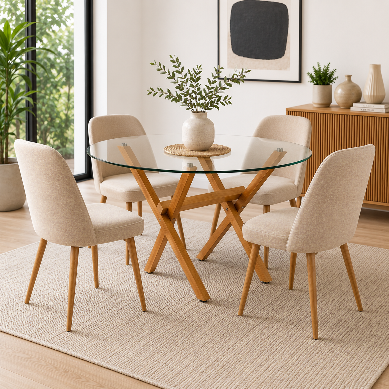 Mesa de Vidrio Cross Redonda | Mesa de Comedor Moderna con Patas Madera