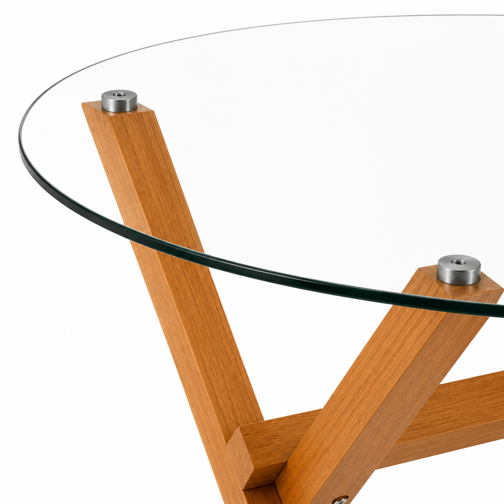 Mesa de Vidrio Cross Redonda | Mesa de Comedor Moderna con Patas Madera