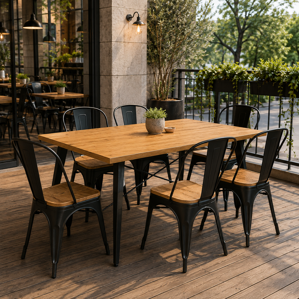 Mesa Tolix 140x90 cm – Madera y Metal | Alto Tráfico