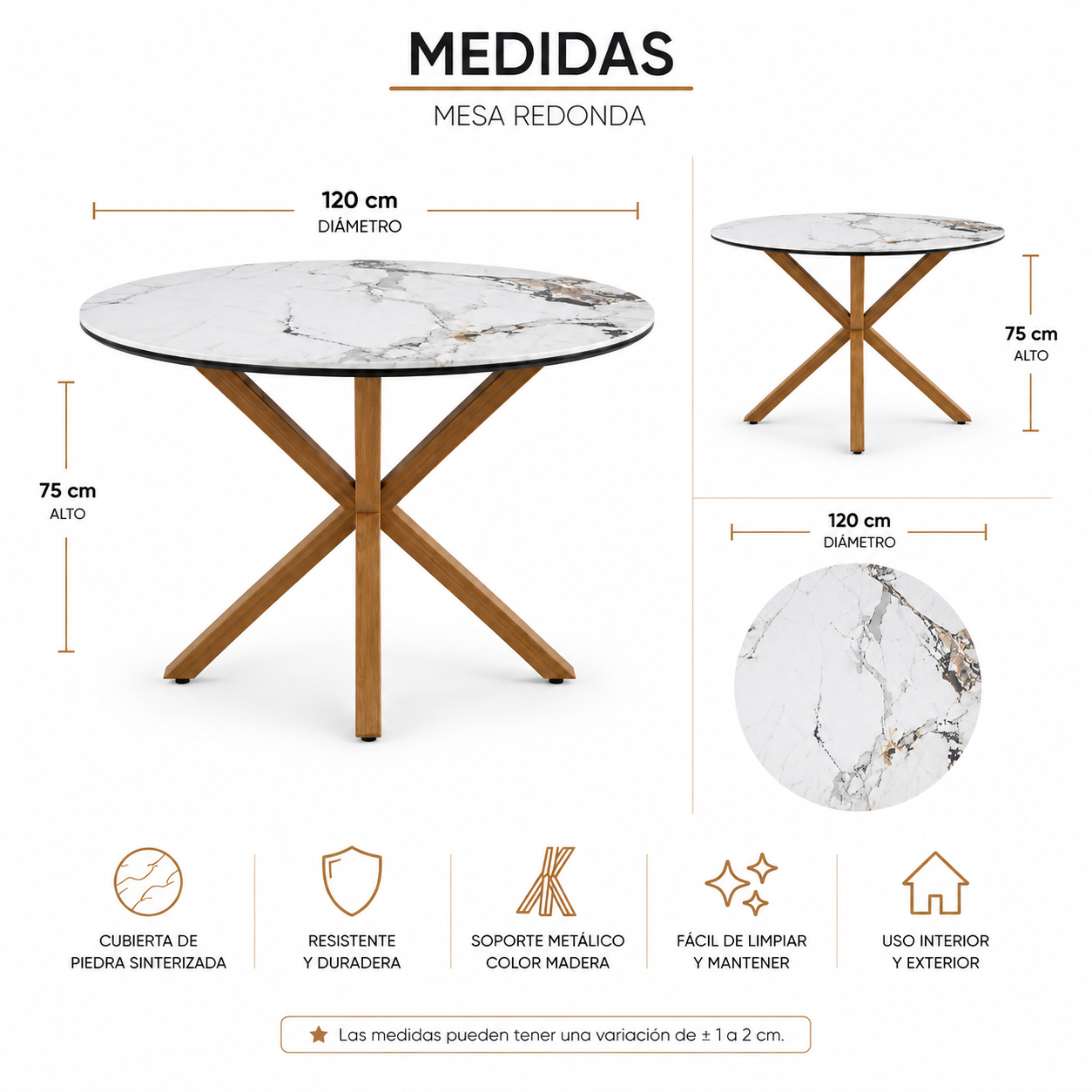 Mesa de Comedor Stone Redonda Efecto Piedra – Base Metálica Color Madera
