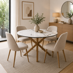 Mesa de Comedor Stone Redonda Efecto Piedra – Base Metálica Color Madera