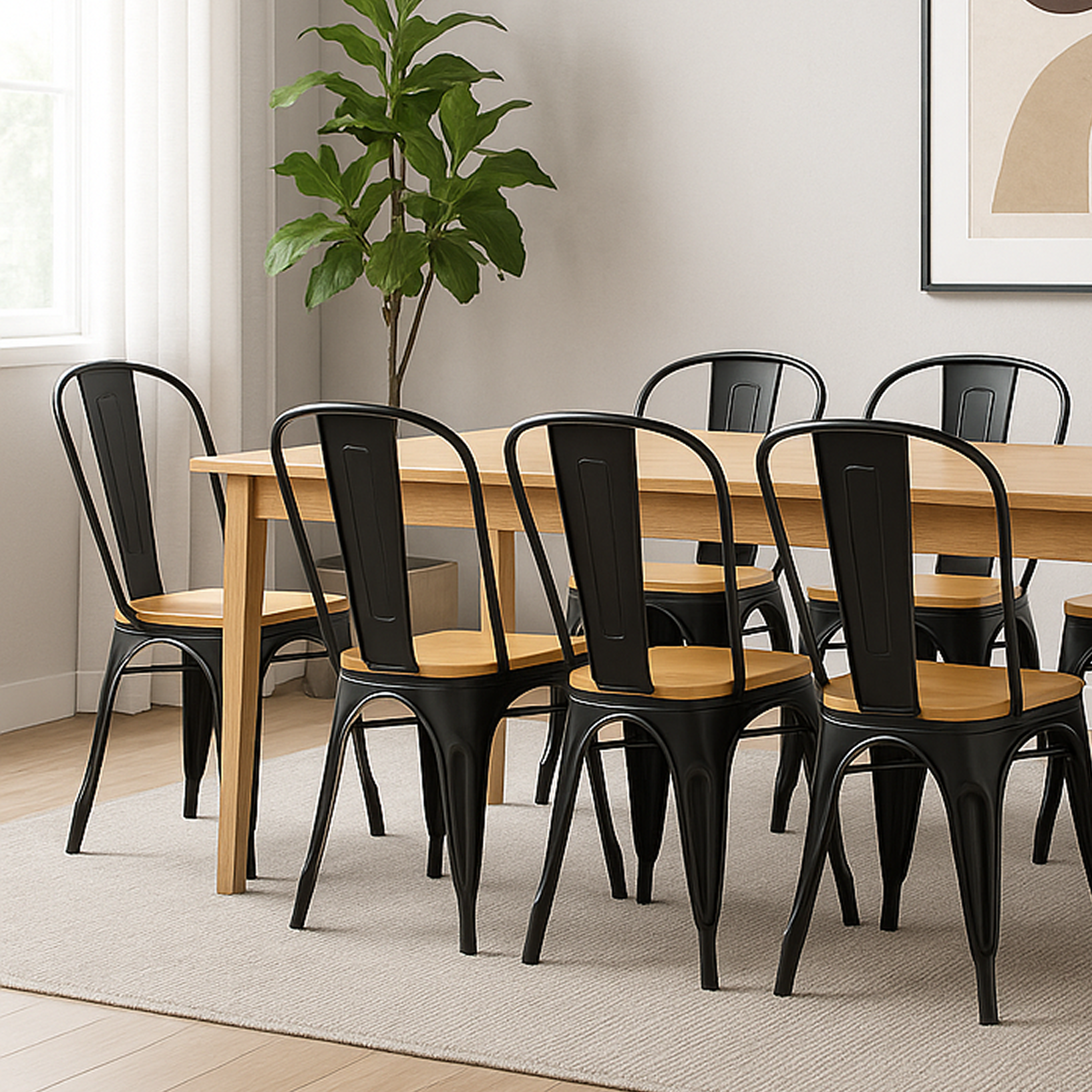 Pack 6 Sillas Tolix Madera Clara Negra – Diseño Industrial Moderno para Comedor y Terraza