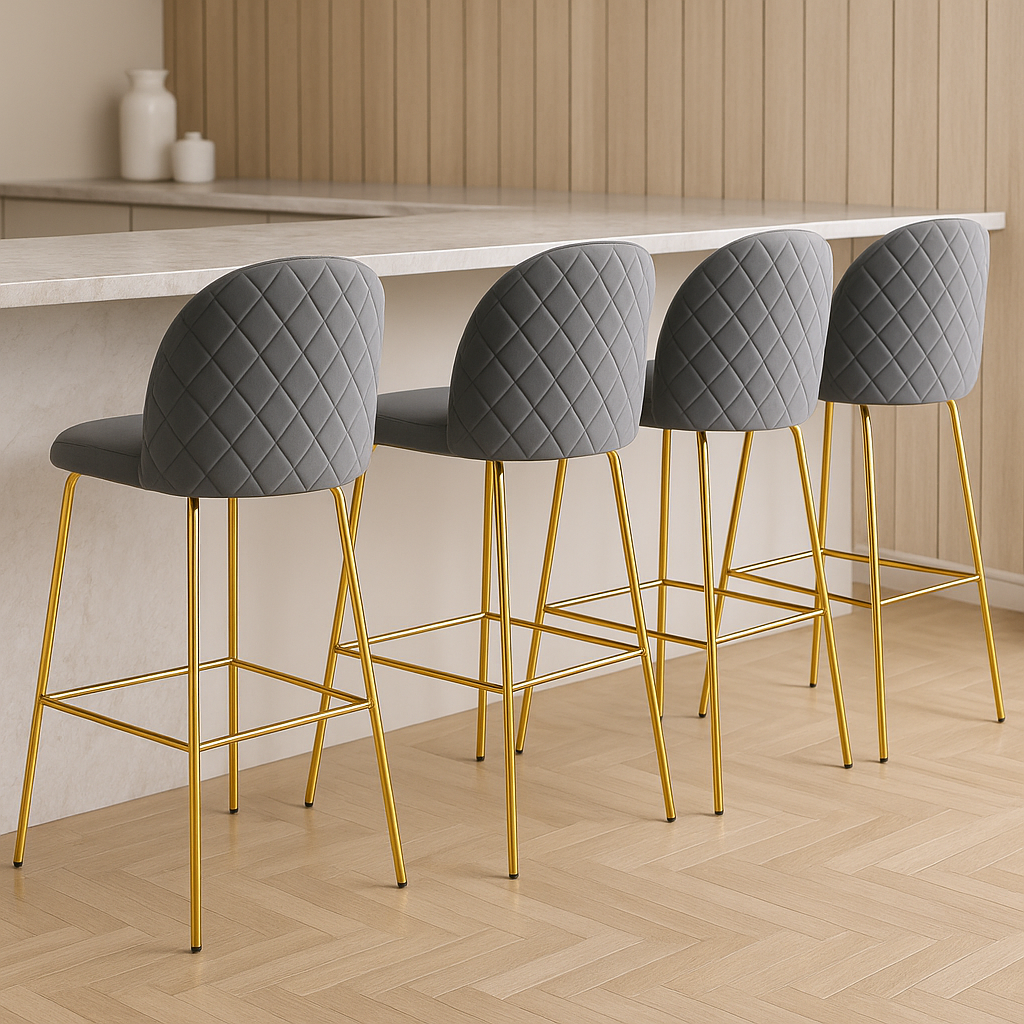 Pack 4 Taburetes Deluxe Gold Gris | patas doradas en metal + felpa