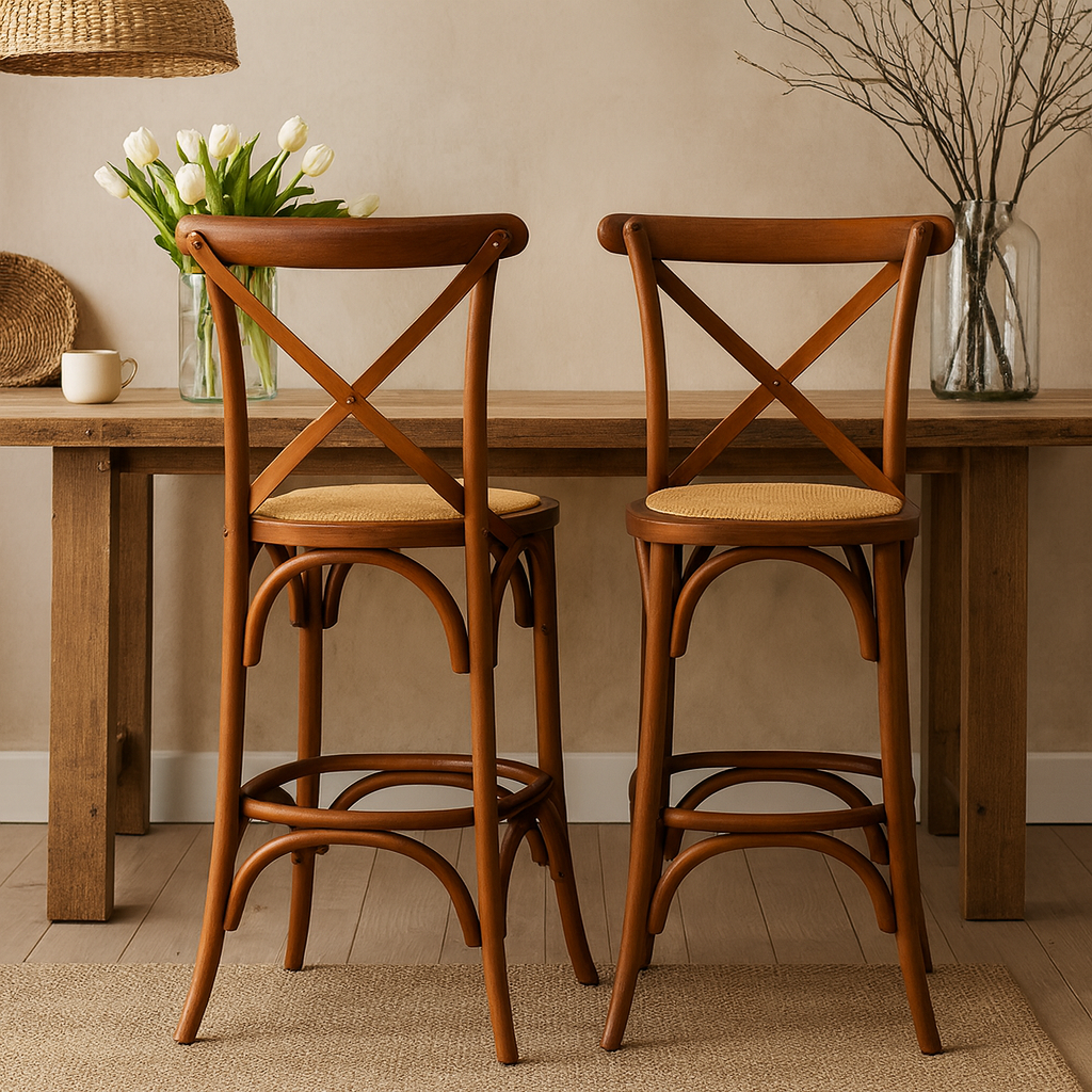 Pack 2 Taburetes Crossback 66cm | Madera de Haya y Rattan