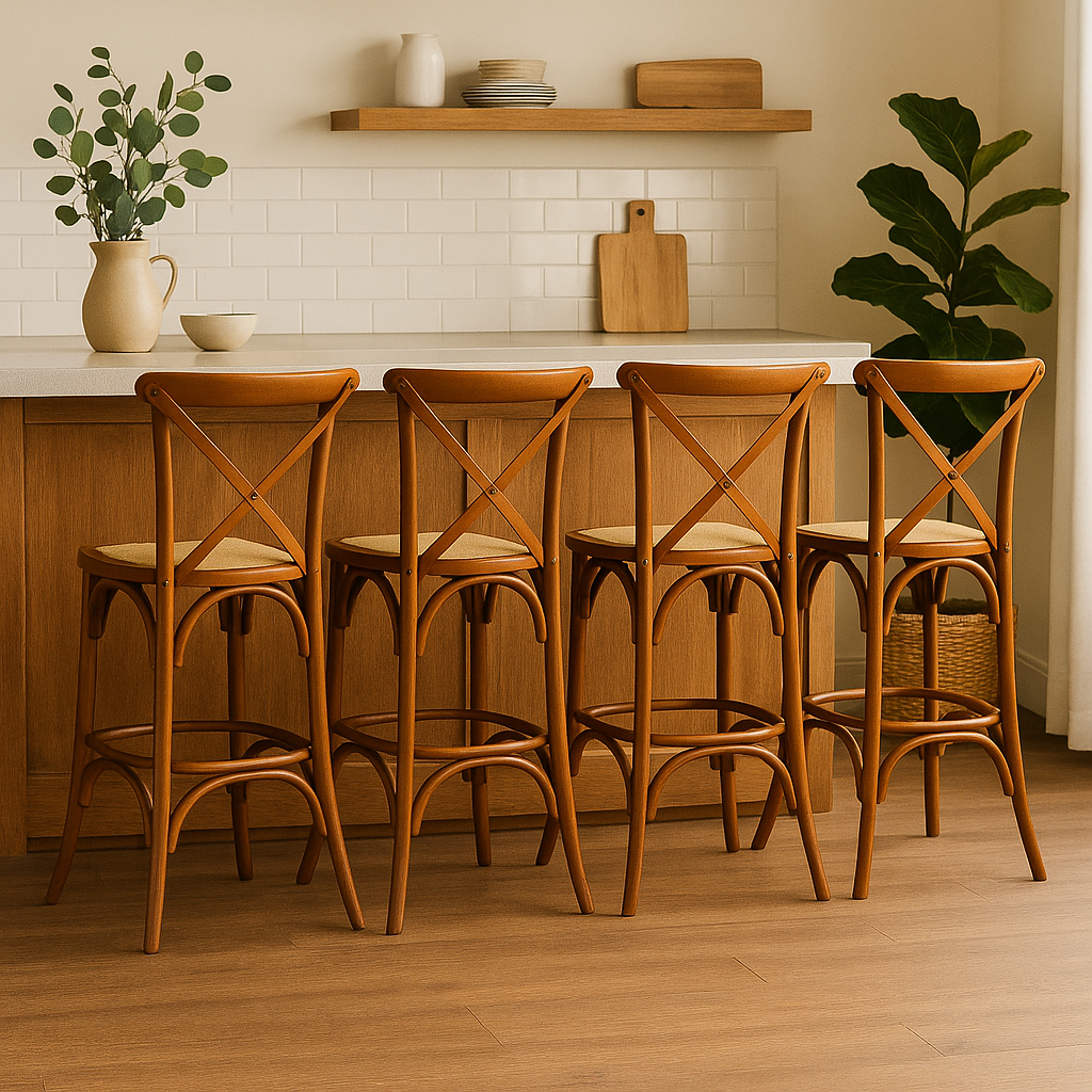 Pack 4 Taburetes Crossback 66cm | Madera de Haya y Rattan