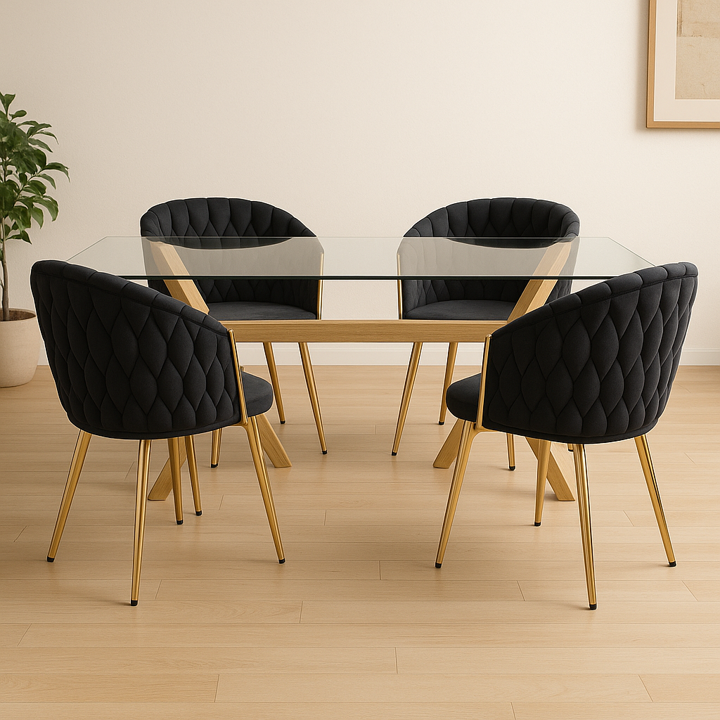 Mesa de Vidrio Cross | Mesa de Comedor Moderna con Patas Madera
