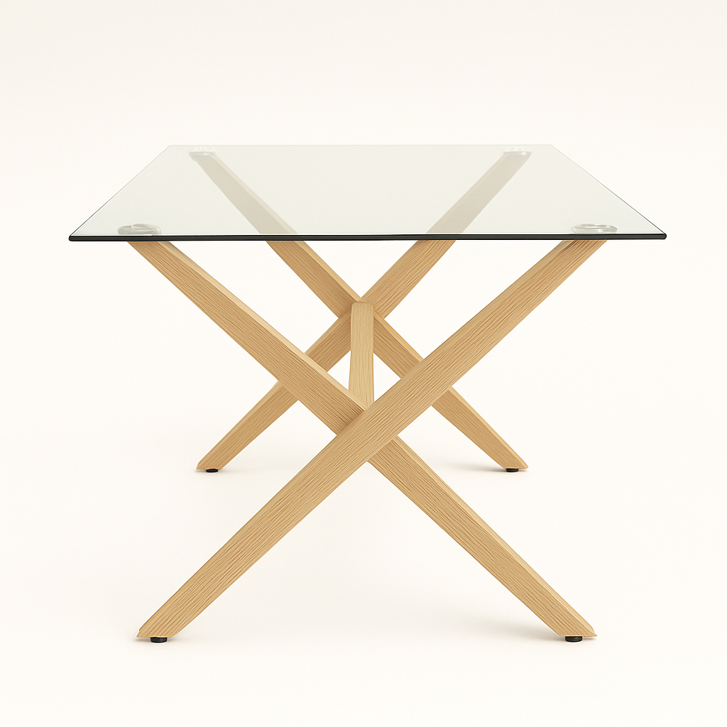 Mesa de Vidrio Cross | Mesa de Comedor Moderna con Patas Madera