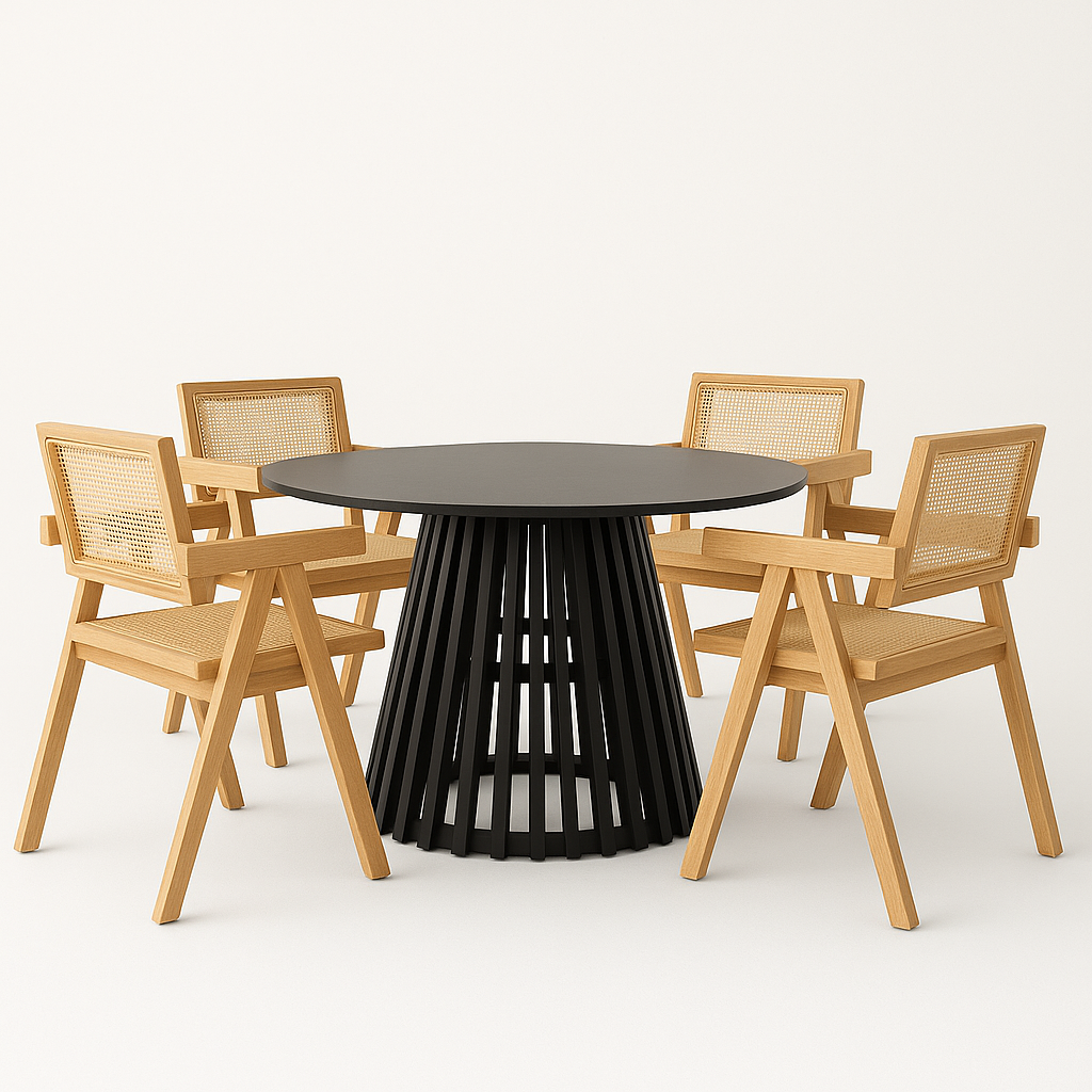 Comedor Chandigarh Ébano | Mesa Redonda Negra & Sillas de Madera