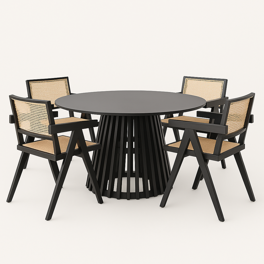 Comedor Chandigarh Ébano | Mesa Redonda Negra & Sillas de Madera Negra