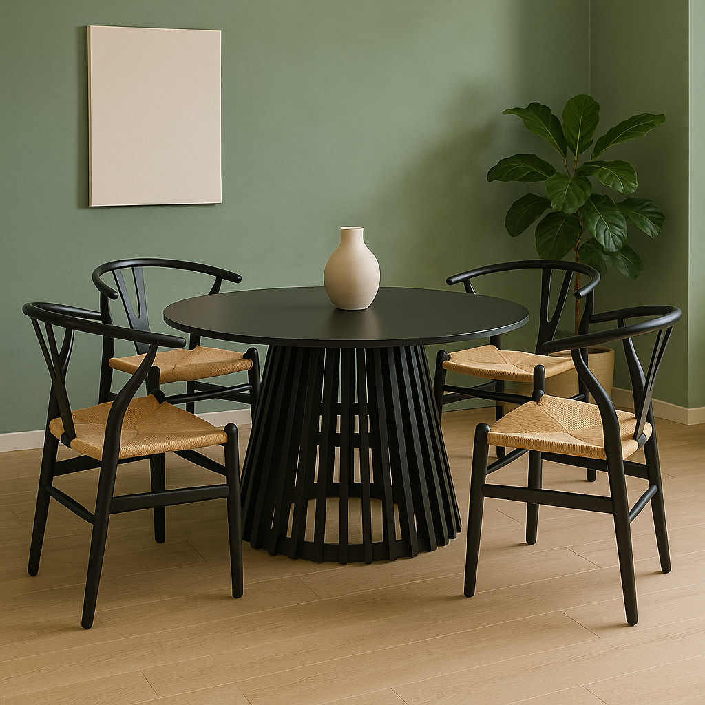 Comedor Wishbone Ébano | Mesa Redonda Negra & Sillas de Diseño Nórdico