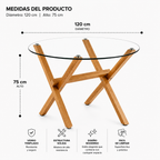 Mesa de Vidrio Cross Redonda | Mesa de Comedor Moderna con Patas Madera