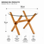 Mesa de Vidrio Cross Redonda | Mesa de Comedor Moderna con Patas Madera