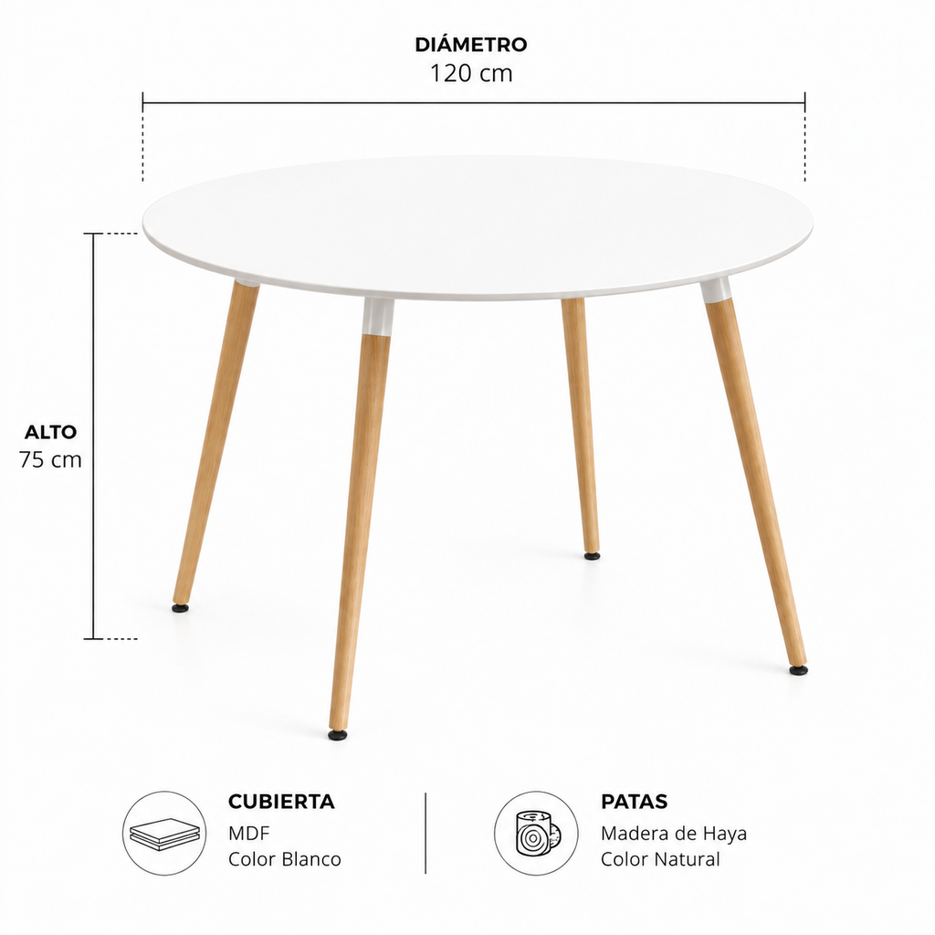 Mesa Eames Redonda Clásica Blanca 100 / 120 cm
