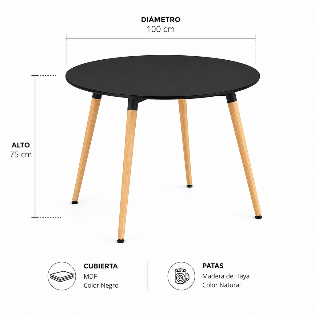 Mesa Eames Redonda Clásica Negra 100 / 120 cm
