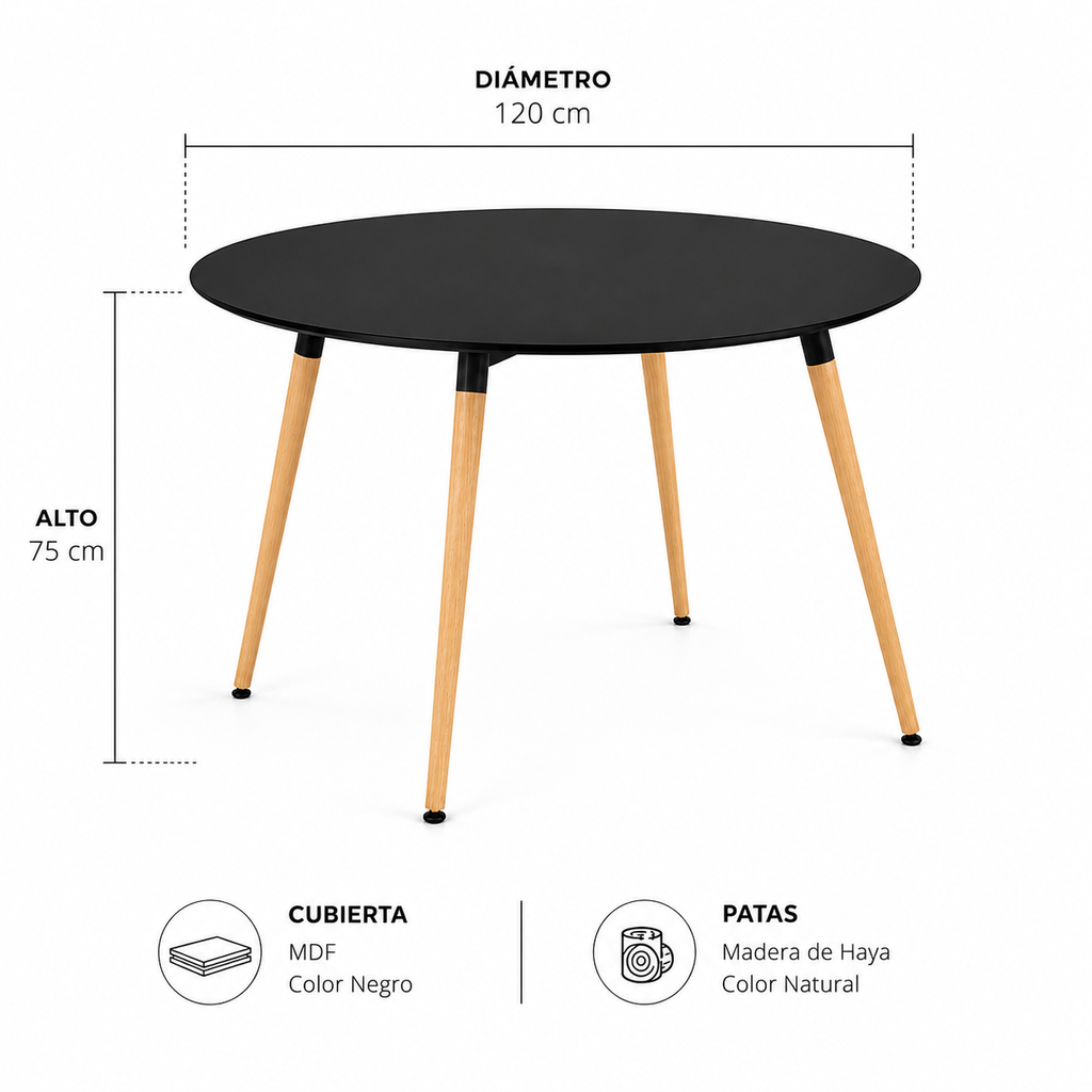 Mesa Eames Redonda Clásica Negra 100 / 120 cm