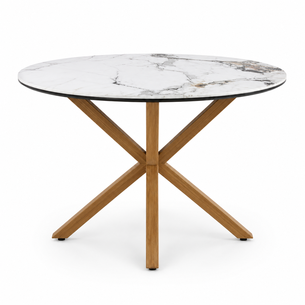 Mesa de Comedor Stone Redonda Efecto Piedra – Base Metálica Color Madera