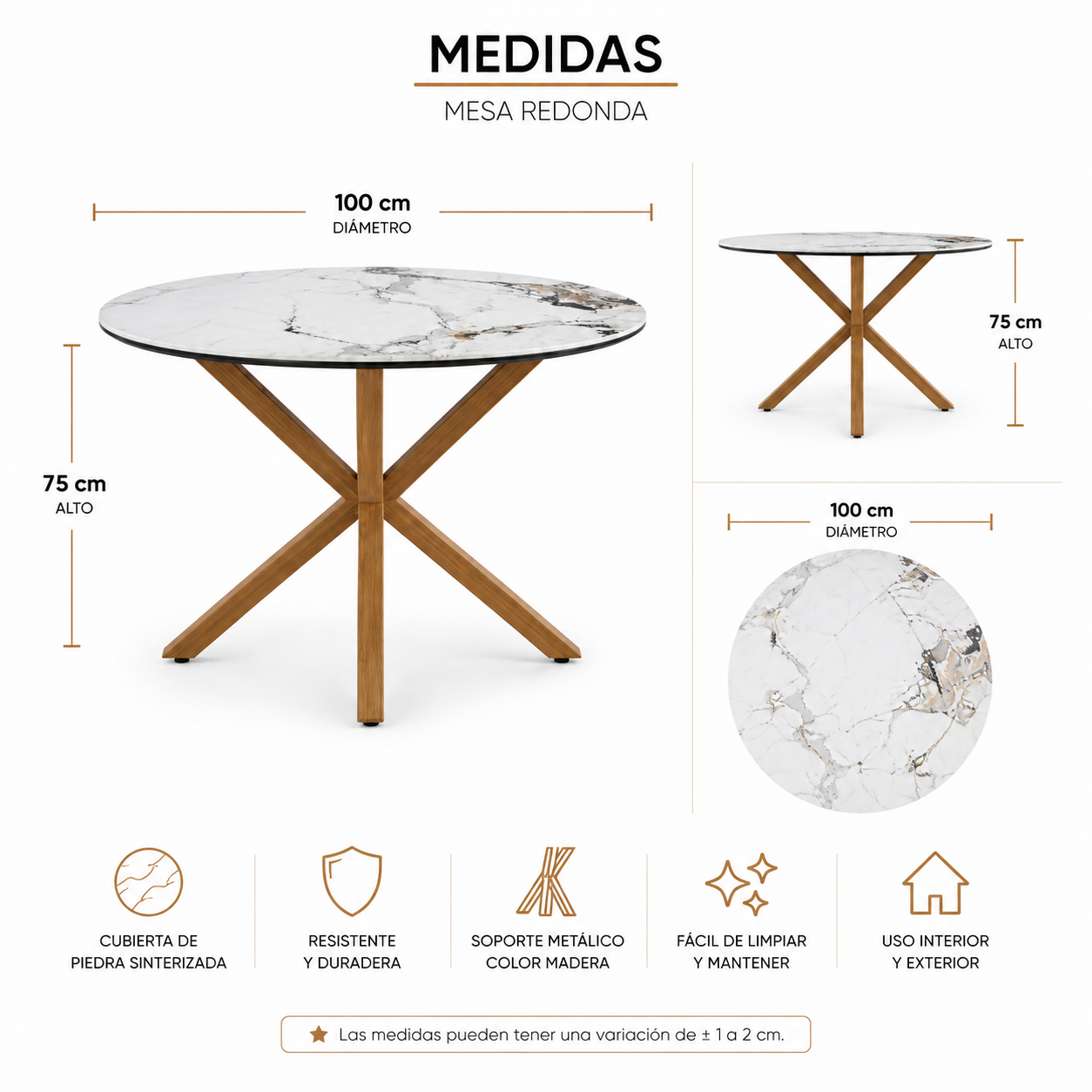 Mesa de Comedor Stone Redonda Efecto Piedra – Base Metálica Color Madera