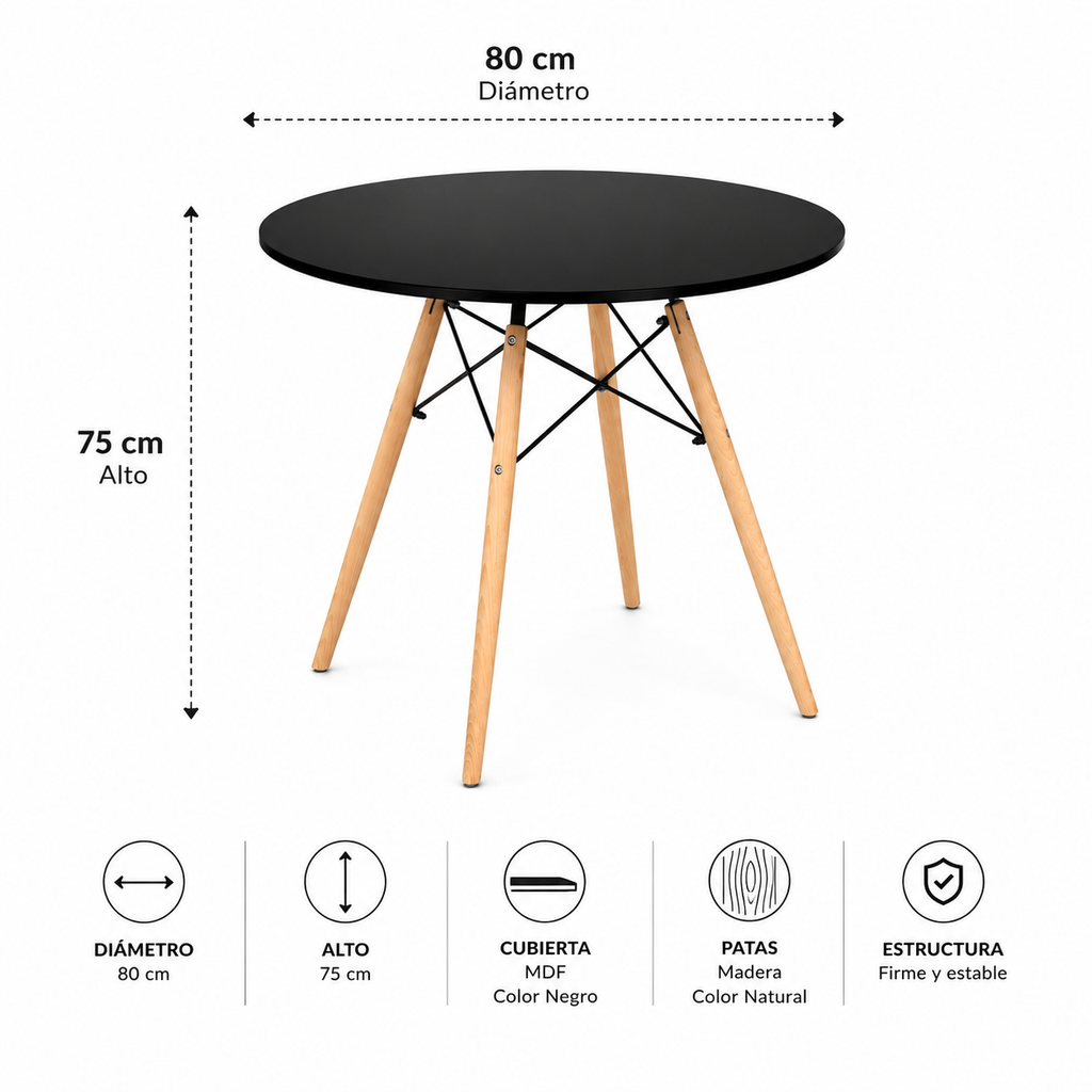 Mesa Eames Redonda Negro - 80 / 100 / 120 cm