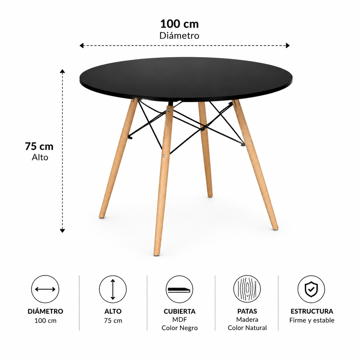 Mesa Eames Redonda Negro - 80 / 100 / 120 cm