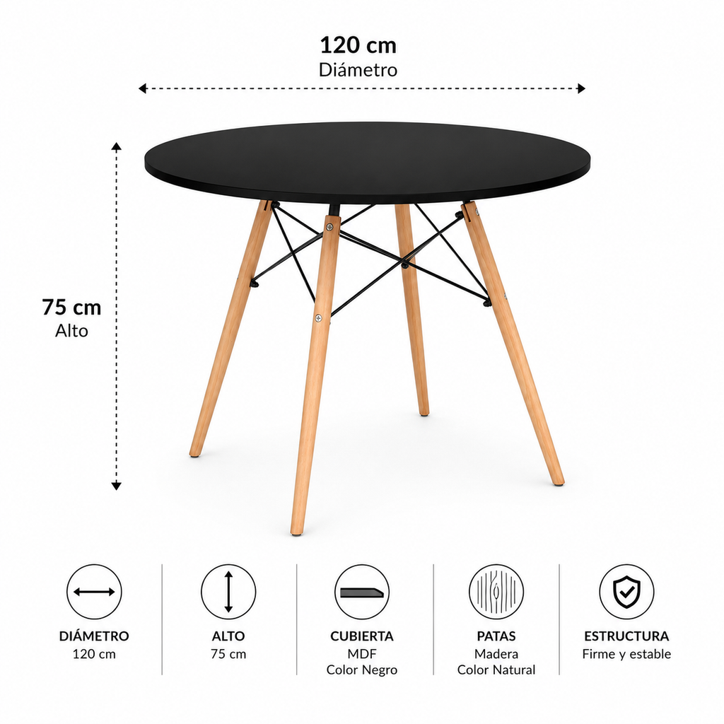 Mesa Eames Redonda Negro - 80 / 100 / 120 cm