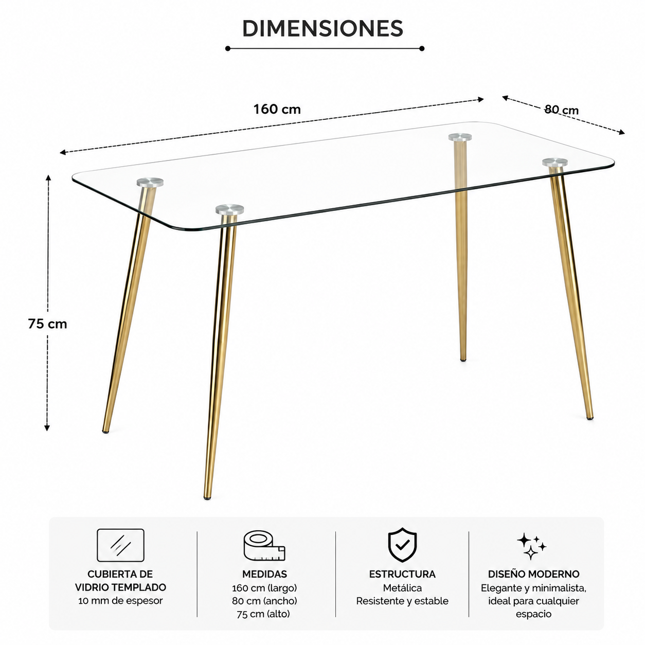 Mesa Lyon Rectangular Pata Dorada - 130 CM / 160 CM