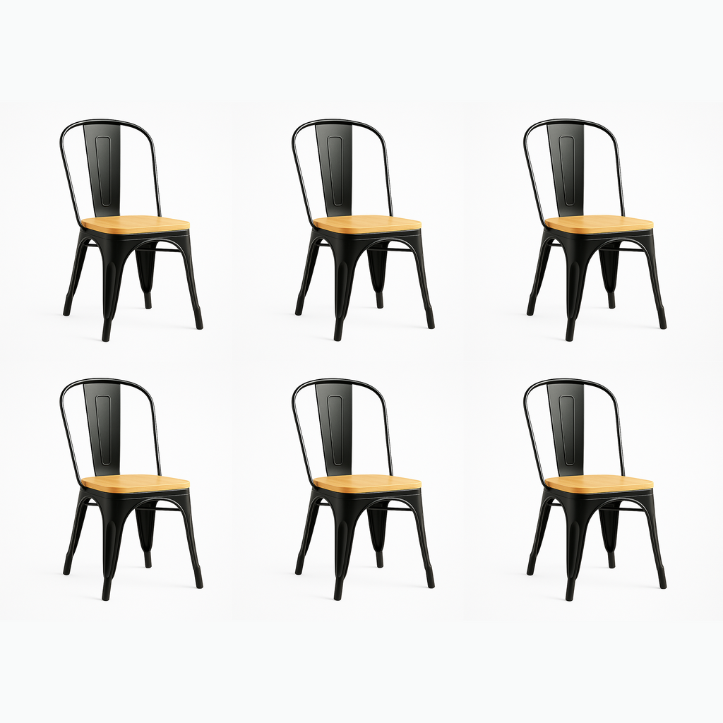 Pack 6 Sillas Tolix Madera Clara Negra – Diseño Industrial Moderno para Comedor y Terraza