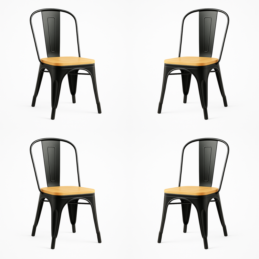 Pack 4 Sillas Tolix Madera Clara Negra | Diseño Industrial Moderno para Comedor y Terraza
